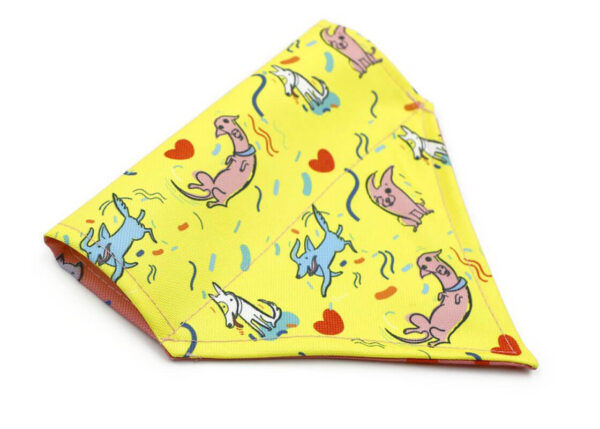 Bright yellow customizable dog bandana featuring playful cat designs, perfect for personalization with sublimation printing.