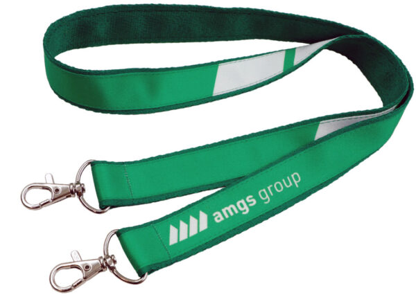 Green embroidered lanyard with two hooks and high-quality sublimation print. Available exclusively at AMGS Group.