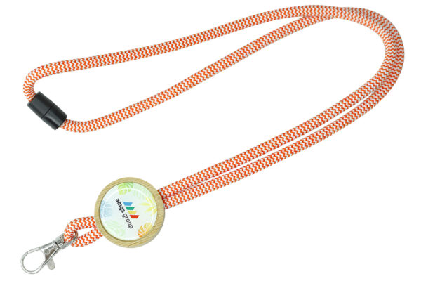 Promotional bamboo lanyard with a bamboo element and a resin sticker from AMGS Group.