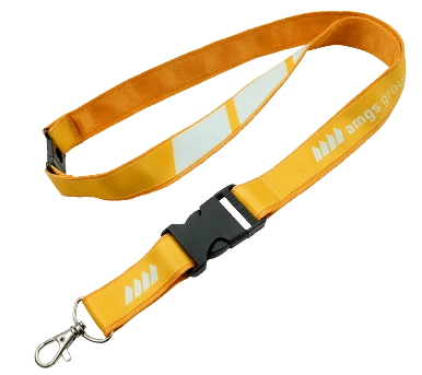 yellow-double-layer-sublimated-lanyard-with-safety-breakaway-amgs-group Double-layer sublimated lanyard with detachable buckle and safety breakaway. Stitched model by AMGS Group for branded promotions.