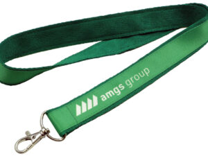 Sewn-on lanyard with a carabiner, two-layer construction (polyester tape backing and top layer with sublimation print). Print using sublimation technology in green. Lanyard available in AMGS Group.