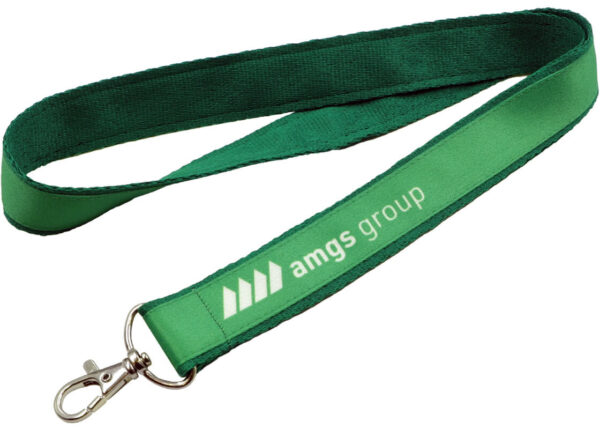 Sewn-on lanyard with a carabiner, two-layer construction (polyester tape backing and top layer with sublimation print). Print using sublimation technology in green. Lanyard available in AMGS Group.