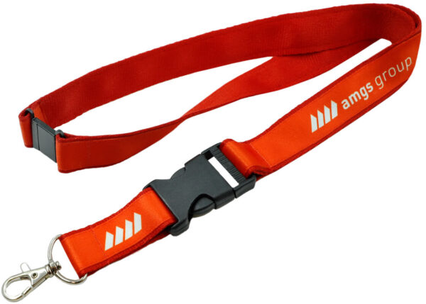Double-Layer Lanyard With Safety Breakaway And Buckle to facilitate the removal of keys and safety break. Print made using sublimation technology on the upper layer in red. Lanyard available at AMGS Group.