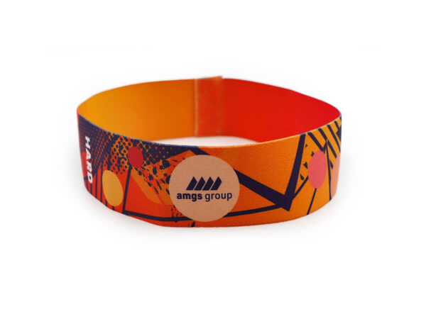 Orange resistance band with full-color sublimation print and AMGS GROUP logo, marked HARD.