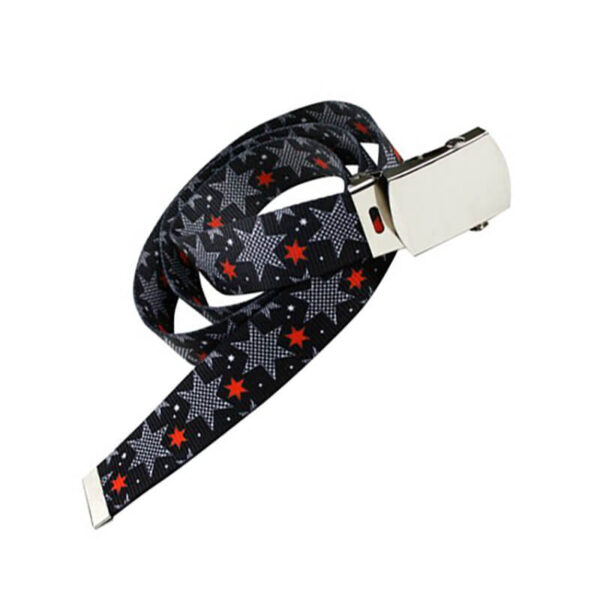 Polyester promotional belt with sublimated star pattern and silver clasp.