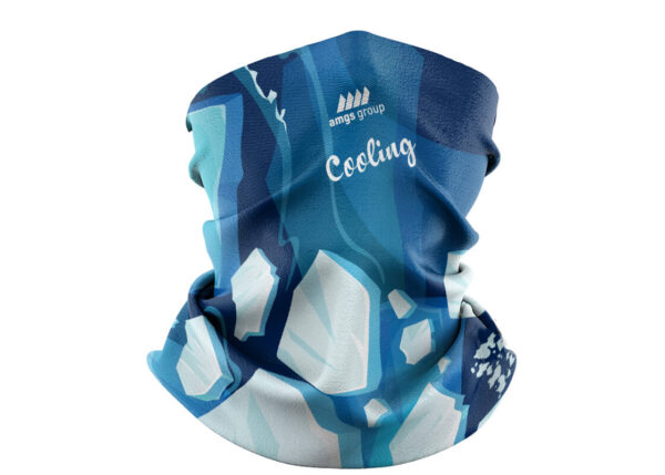 The Loop Ice Cooling Bandana in blue. A great promotional item for hot days from AMGS Group.