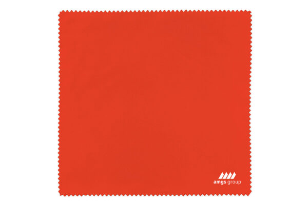 Custom red microfiber cleaning cloth with logo – elegant design and perfect cleaning quality, available at AMGS Group.