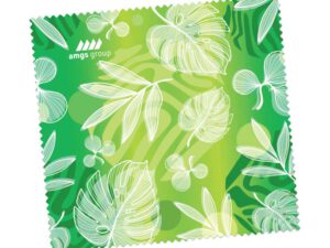 Green microfiber cloth with tropical sublimation print and AMGS Group logo.