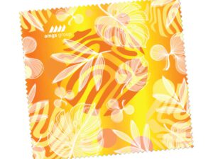 Yellow microfiber cloth with botanical design and full-color branding from AMGS Group.
