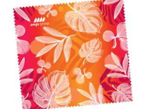 Red-orange promotional microfiber cloth with full-color AMGS Group print and leaf graphics.