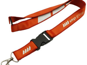 double-layer lanyard with safety release and buckle to facilitate the removal of keys and safety break. Print made using sublimation technology on the upper layer in red. Lanyard available at AMGS Group.