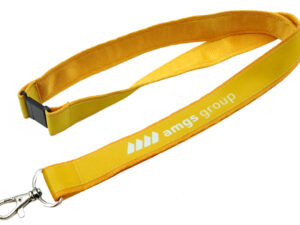 Double-layer lanyard with safety breakaway with yellow sublimated top strap and safety breakaway clasp, finished with a carabiner, from AMGS Group.