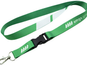 Green Custom Printed Lanyard With Buckle and sublimation print for easy removal of keys or ID badges.