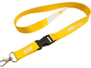 Bright yellow polyester lanyard with quick-release buckle and vibrant print – perfect for promotional use. Available at AMGS Group.