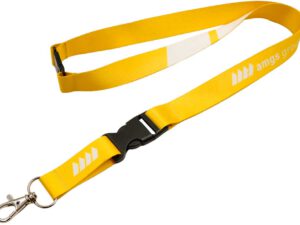Yellow polyester lanyard with sublimation print, featuring both a safety breakaway and a detachable buckle for added flexibility and protection. AMGS Group.
