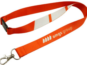 Red polyester lanyard with breakaway mechanism to providing user safety. AMGS Group.
