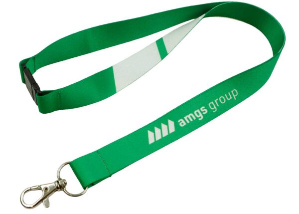 rPET lanyard featuring a secure safety breakaway and vibrant green print – perfect for sustainable branding. Available at AMGS Group.