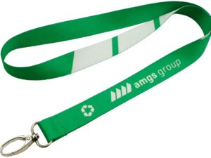 Green eco-friendly rPET lanyard with print, designed to be worn around the neck. Available at AMGS Group.