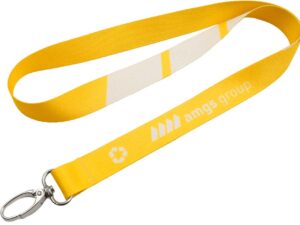Eco-friendly rPET lanyard with print, designed to be worn around the neck. Available at AMGS Group.