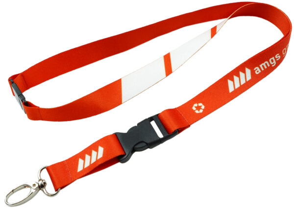 Custom rPET Lanyard With Safety Breakaway and Buckle. Red rPET lanyard with safety breakaway and quick-release buckle, ideal for eco-friendly branding and events. Available at AMGS Group.