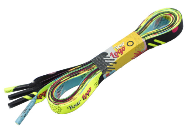 Personalized rPET shoelaces bundled with a custom printed label and colorful artwork. Product available from AMGS Group.