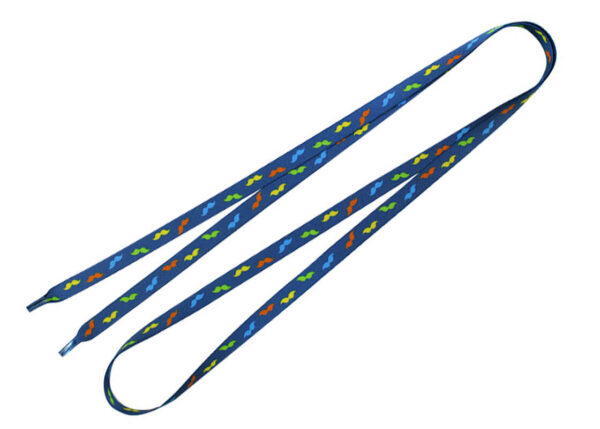 Blue custom shoelaces with sublimated graphic print in colorful mustache pattern.