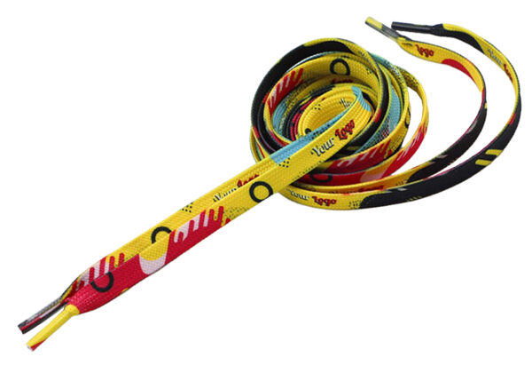 Yellow tubular shoelaces with custom brand logo and colorful design.