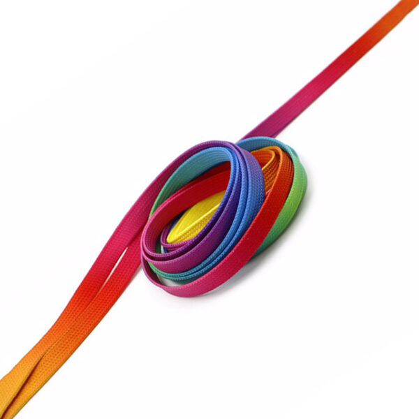Tubulare Schnürsenkel mit Farbverlauf im Rainbow-Stil – beidseitig bedruckt. Entdecken Sie das Angebot der AMGS Group.