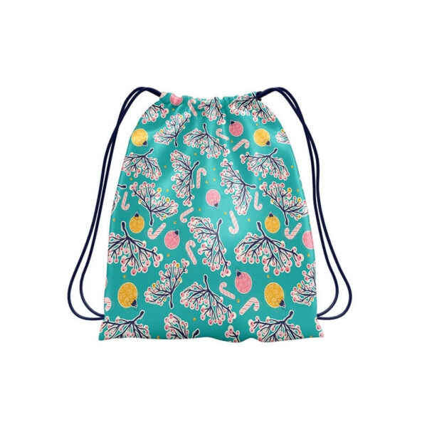 Promotional drawstring bag with holiday print on turquoise background.