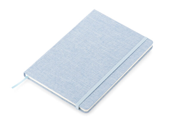 Blocco note ecologico BIVELLO A5 in cotone riciclato, personalizzabile con logo.