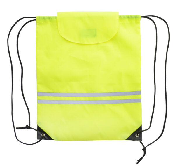 Customised REFLECT drawstring bag, yellow reflective polyester, Velcro closure, screen-printed logo.