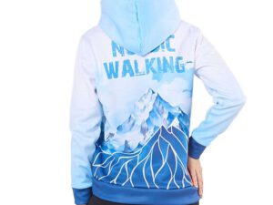 Women’s polyester sports sweatshirt with a graphic print of mountains and the inscription "Nordic Walking", back view. A warm clothing gadget from AMGS Group.