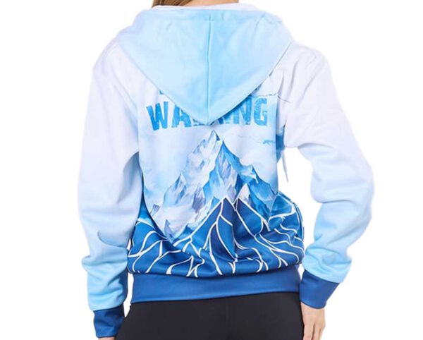 Sublimated women’s hoodie with graphic sublimation print depicting mountains. AMGS Group.