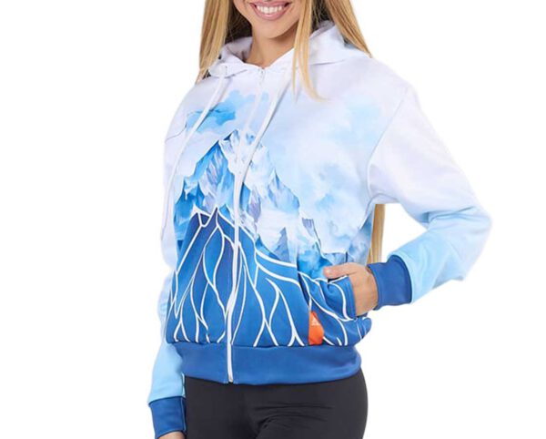 Sports Jacket with Sublimation Print. Women’s sports hoodie with sublimation print. Front view of the women’s sports hoodie with sublimation print. AMGS Group.