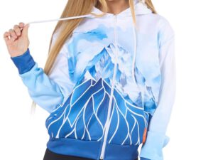 Zip-up sublimated women’s hoodie with a graphic sublimation print of mountains. Thermoactive fabric provides warmth on chilly days. AMGS Group.