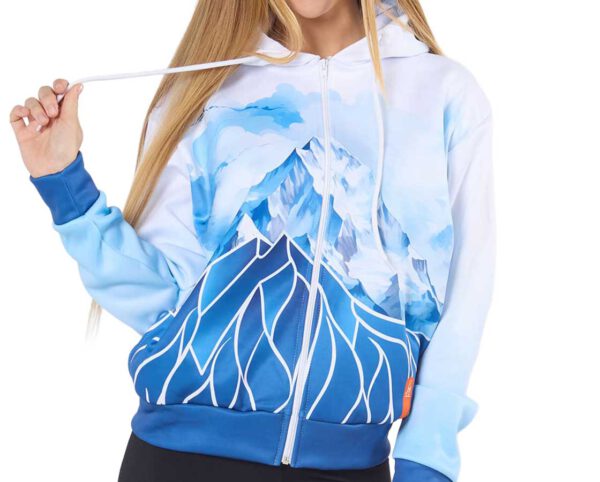 Zip-up sublimated women’s hoodie with a graphic sublimation print of mountains. Thermoactive fabric provides warmth on chilly days. AMGS Group.