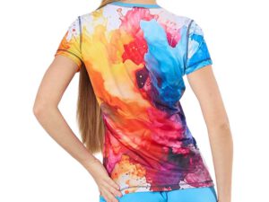 Back of the women’s Sport Elastic T-shirt with a full-color sublimation print resembling colorful paint splashes. Made of elastic, breathable fabric – perfect for physical activity. Choose your version now at AMGS Group!