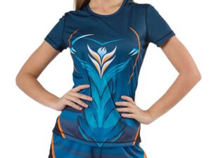 Custom sublimated T-Shirt . Full-print polyester custom performance T-shirt with integrated brand logo.
