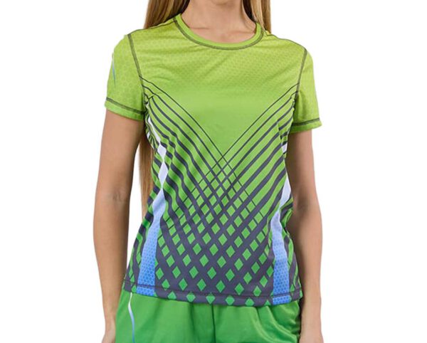 Lightweight women's sublimated performance T-Shirt with full sublimation print. Amgs Group.