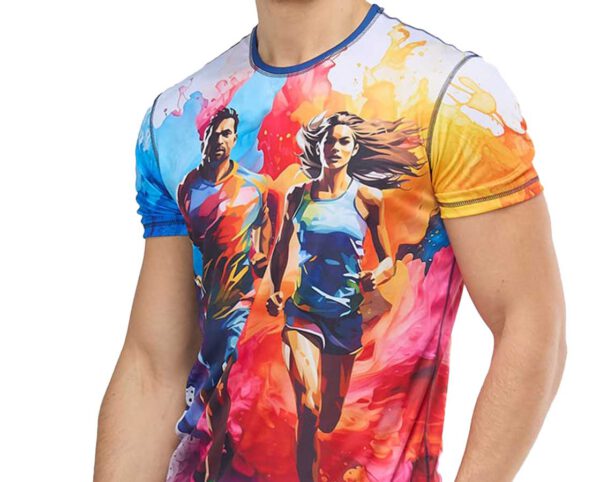 Men’s Sport Thermoactive Smooth T-shirt with a bold sublimation print – dynamic silhouettes of a running woman and man set against an explosion of colors: yellow, red, blue, and pink. Made from elastic, thermoactive fabric, perfect for intense training. Available at AMGS Group.