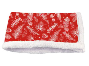 Full-Color Sublimation Blanket. Sherpa blanket with detailed Christmas tree and pinecone pattern on a red background.
