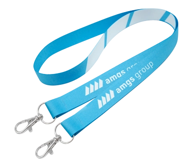 custom-blue-polyester-lanyard-amgs-group Blue personalized polyester lanyard with logo print and metal hook. Produced by AMGS Group for promotional use.