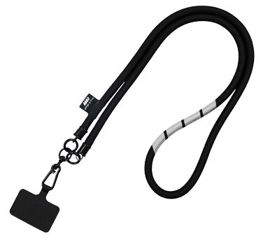 black-tubular-lanyard-with-phone-strap-amgs-group Black tubular lanyard with sublimation print and mobile phone attachment – produced by AMGS Group for versatile promotional use.