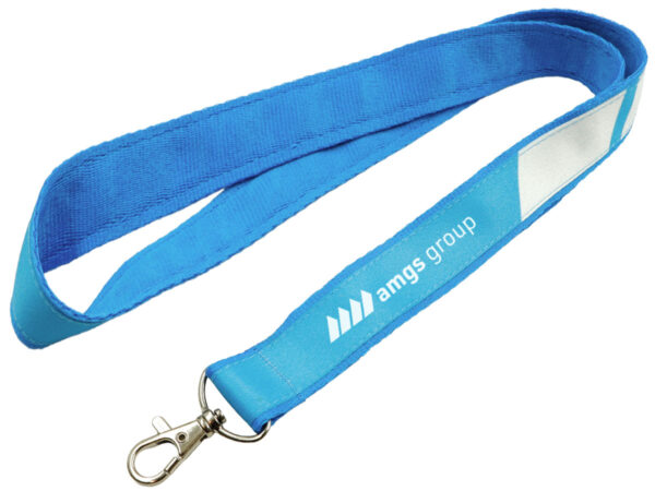 This double-layer blue lanyard features a sewn-on carabiner and a sublimation-printed design. Available from AMGS Group.