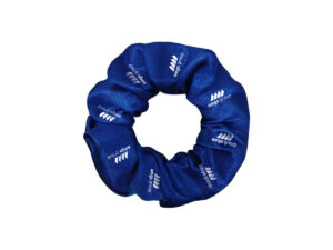Custom Scrunchie with Logo. AMGS Group custom satin scrunchie, navy blue, full-color sublimation logo for corporate merchandise — contact us for a quote.