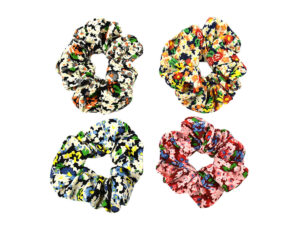 AMGS Group floral pattern satin scrunchies — custom printed fashion accessory for campaigns; contact us to customize yours.