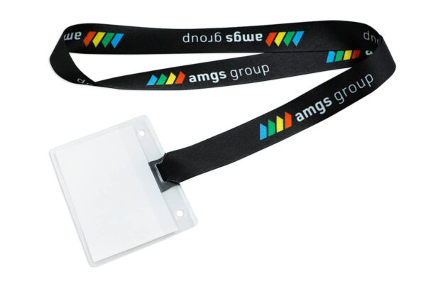 Black r-PET lanyard with a colorful logo print, attached directly to a transparent ID badge holder.