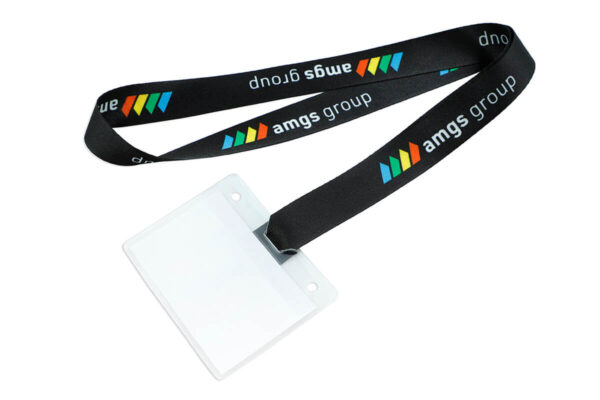 Angled view of a black lanyard with sublimation print, highlighting the texture and quality of the r-PET material.