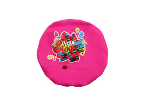 Angled view of a branded cup topper in pink spandex fitted securely on a transparent event cup.