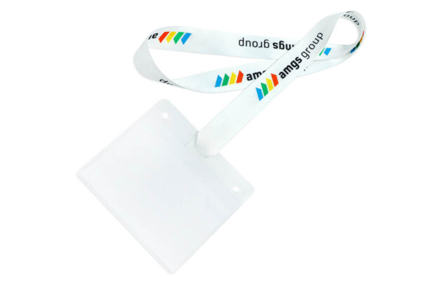 A branded corporate lanyard made from durable polyester, shown with an attached badge holder ready for professional use.